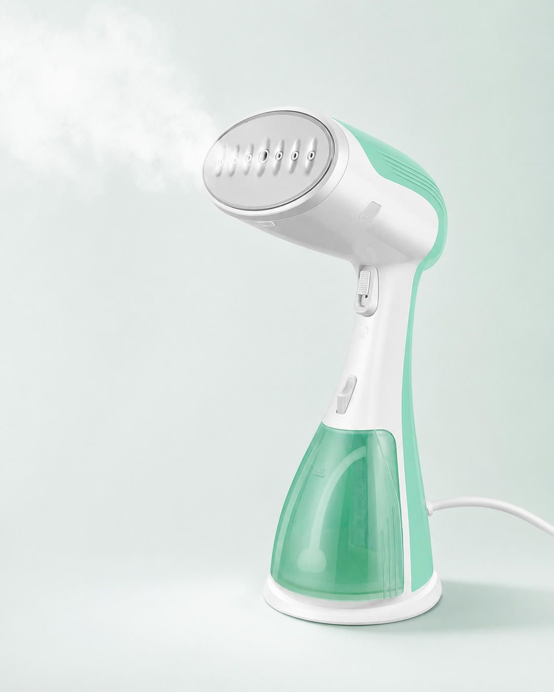 Steamly portable clothes steamer being used on a hanging shirt